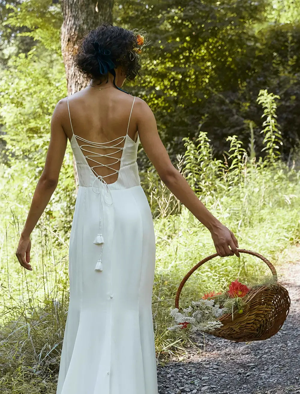 white cupro sustainable wedding dress backless lace up